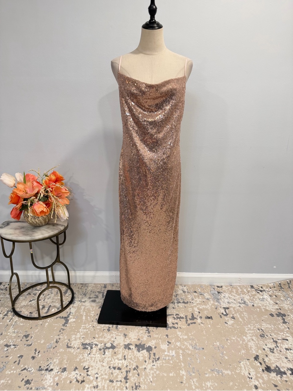 Kenneth Cole Rose Gold Sequin Cowl Neck Sleeveless Slip Dress - Size Small - Picture 7 of 16